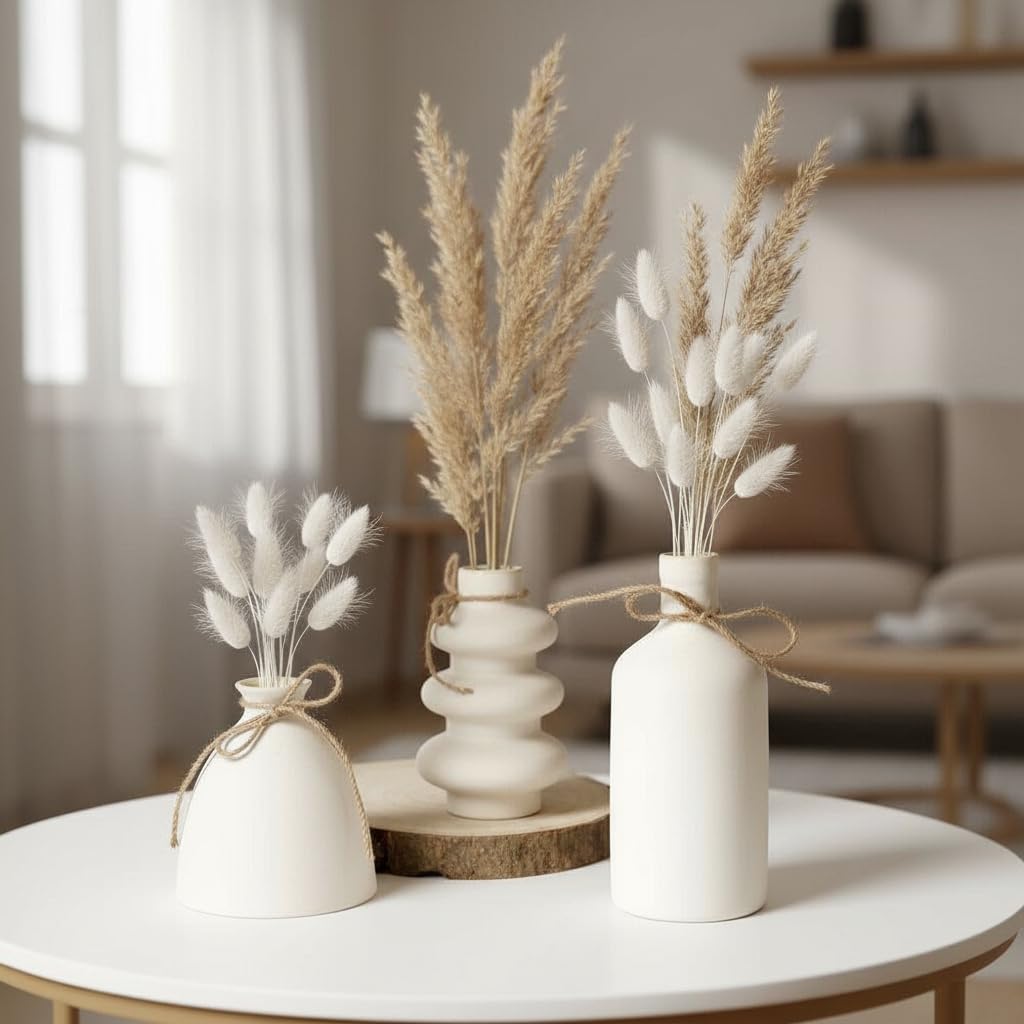 Purezento Konso Family White Ceramic Vase - Set Of 3 | Unique Shape Vases For Modern Home Decor, Shelves, Coffee Tables, Living